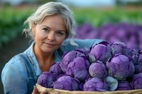 Mature female farmer with blonde hair holding wooden crate of fresh purple cabbage at organic farm during harvest season.