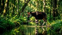 Okapi standing at forest stream edge with dappled sunlight filtering through lush green canopy creating peaceful wildlife scene in natural habitat.