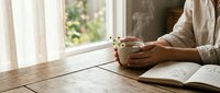 Person with medium skin tone holding a mug while reading an open book at a wooden desk near a window with natural light, suitable for education and lifestyle content.