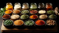Colorful array of ground spices and herbs in wooden bowls with glass jars on dark background, aromatic seasoning ingredients for cooking and flavoring food.