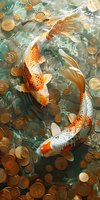 Orange and white koi fish swimming gracefully among scattered gold coins in turquoise water, creating a harmonious blend of wealth and tranquility in Asian culture.