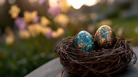 Decorative Easter eggs with turquoise and copper speckled pattern rest in dark brown twig nest against soft bokeh background during golden hour sunset.