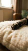 Tabby cat paw resting on a soft white blanket in a cozy home interior with warm natural light from a window.