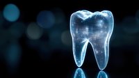 Digital hologram of glowing tooth with sparkling particles floating on dark blue background shows modern dental care and oral health technology advancement.
