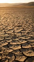 Cracked, parched earth with deep fissures stretches across an arid landscape under golden sunlight, depicting severe drought conditions and environmental degradation for climate change awareness.
