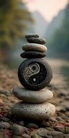 Balanced stack of river stones with carved yin yang symbol against misty mountain landscape, representing harmony and meditation.