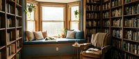 Cozy home library with floor-to-ceiling bookshelves, a window seat with cushions, a sleeping cat, and a vintage armchair for reading.