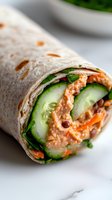 Fresh vegetable wrap with creamy sauce, cucumber slices, and carrots rolled in tortilla bread, close-up view on marble background. Healthy lunch option.