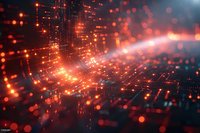 Abstract digital network with glowing orange light particles and grid lines flowing through dark cyberspace background, representing data transmission and connectivity.