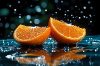 Fresh orange slices with water drops and splashes on dark background with bokeh lights, reflection on wet surface creates dramatic food composition.
