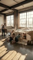 Family building blanket fort in industrial loft apartment with exposed brick walls and large windows creating cozy indoor play space for children.