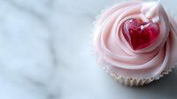 Pink frosted cupcake decorated with red heart-shaped candy on marble surface, romantic dessert for Valentine's Day celebration or wedding party treats.