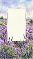 Watercolor lavender field frame with blank space for text, purple flowers and rolling hills landscape for wedding invitations and greeting cards.