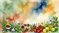 Watercolor herbs spices vegetables cooking ingredients border frame with colorful paint splashes background for culinary recipes menu design projects.