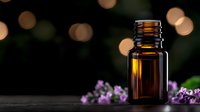 Amber glass essential oil bottle with purple flowers on dark background, soft bokeh lights create magical atmosphere for aromatherapy and wellness concept.