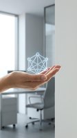 Hand holding glowing geometric network structure in modern office space representing digital connectivity and business innovation concepts.