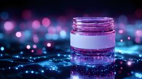 Luxurious cosmetic cream jar with pink and blue bokeh lights background, glowing magical effect on glass container for beauty product photography.