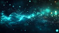 Glowing turquoise particles and light waves flow through dark space creating magical atmosphere with bokeh effect and sparkling dots. Abstract cosmic background.