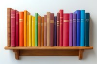 Colorful hardcover books arranged in rainbow spectrum order standing on wooden wall shelf against white background, creating vibrant home library display.