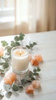 Lit candle surrounded by himalayan salt crystals and eucalyptus branches on white wooden surface creating peaceful spa atmosphere for relaxation.