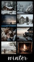 Winter mood board featuring snowy cabins, forest landscapes, cozy hot chocolate, lakeside views, and warm fireplace scenes for seasonal inspiration.