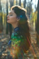Young woman in holographic dress with closed eyes enjoying sunlight in forest setting, magical rainbow lens flares create ethereal atmosphere. Perfect for fashion editorial.