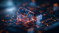 Glowing orange digital house hologram on circuit board background with futuristic technology network connections, representing smart home automation concept.