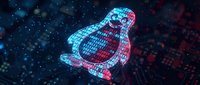Digital penguin hologram with glowing blue and red neon lights in futuristic cyber space for technology and innovation concepts.