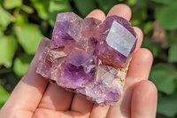 Raw purple fluorite crystal cluster with cubic formations held in hand against green natural background, showing natural mineral texture and color variations.