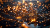 Glowing cityscape at night with illuminated skyscrapers and streets creating magical bokeh effect, aerial tilt-shift view of modern urban architecture and infrastructure.