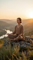 Young Caucasian woman practicing meditation on mountain rock during golden hour sunset with backpack, peaceful mindfulness and outdoor wellness lifestyle.