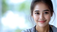 Young Asian woman with natural makeup and gentle smile looking at camera against soft blurred background, wearing casual grey top. Professional headshot style.
