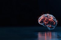 Glowing digital brain visualization with red and blue network connections floating above reflective surface against dark background, representing artificial intelligence.