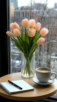 Fresh peach tulips in glass vase on wooden table with coffee cup and notebook near window, creating cozy morning atmosphere with city view background.