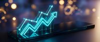 Glowing neon blue upward trending arrow graph emerging from smartphone screen with bokeh lights background for business growth and financial success concepts.