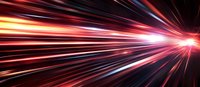 Dynamic red and blue light trails converging to bright center point against dark background create dramatic speed effect and sense of motion in futuristic composition.