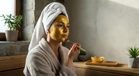 Young woman applying golden face mask in bathroom spa setting with towel wrapped around head enjoying skincare routine and wellness treatment at home.