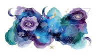 Mystical watercolor composition with sacred geometry triangles, cosmic eyes, moons and stars in purple and teal hues for spiritual design projects.