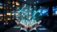 Digital network connections floating above open business hands with glowing data points and lines representing modern technology and connectivity solutions.