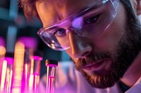 Bearded male scientist in protective eyewear examining glowing test tubes in laboratory with purple and pink neon lighting creating dramatic research atmosphere.