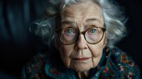Dramatic portrait of a senior woman with striking blue eyes wearing vintage glasses and floral pattern clothing, captured in moody lighting perfect for aging and wisdom concepts.