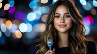 Young Hispanic woman with microphone smiling at camera against blurred bokeh lights background, wearing black top, with highlighted wavy hair.