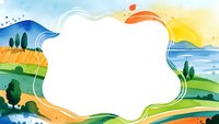 Watercolor landscape frame with rolling hills, trees and sky in vibrant colors. Empty white space for text or design elements. Nature border template.