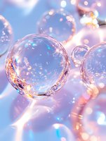 Transparent glass spheres with magical sparkles and bokeh lights creating dreamy atmosphere in soft pink and blue tones, festive holiday background.