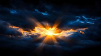 Dramatic sunset bursting through dark storm clouds with vibrant orange sunbeams radiating across moody blue sky, creating atmospheric natural lighting effect.