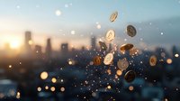 Golden cryptocurrency coins floating against blurred urban sunset skyline with bokeh lights and sparkles, creating magical financial atmosphere.