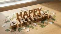 Wooden Happy Birthday letters arranged on a sunlit table surrounded by scattered green and beige paper leaves, warm natural celebration decor.