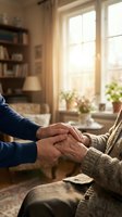 Caring hands of adult child comforting elderly parent in warm sunlit living room showing family support and compassion during golden hour at home.