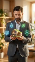 Middle-aged male professional in business suit holding wooden house model with glowing renewable energy icons including solar panel, wind turbine, water droplet and leaf symbols for sustainable development.