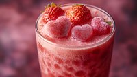 Refreshing strawberry smoothie with fresh berries and heart-shaped ice cubes in glass, romantic pink drink for Valentine's Day celebration and healthy lifestyle.